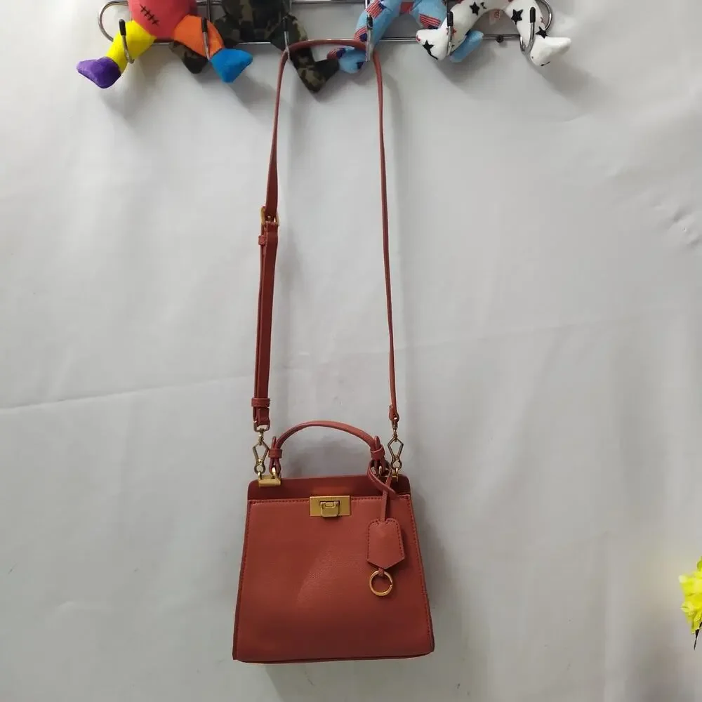 CHARLES & KEITH Orange Leather Pushlock Top Handle Satchel Crossbody Bag